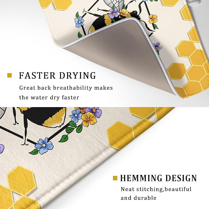 Giwawa Bee Kind Dish Drying Mat, Summer Bees Flowers Dish Drainer Mats for Kitchen Countertop, Yellow Honeycomb Absorbent Reversible Dish Drying Pad Decoration, 18x24inches, Large Size