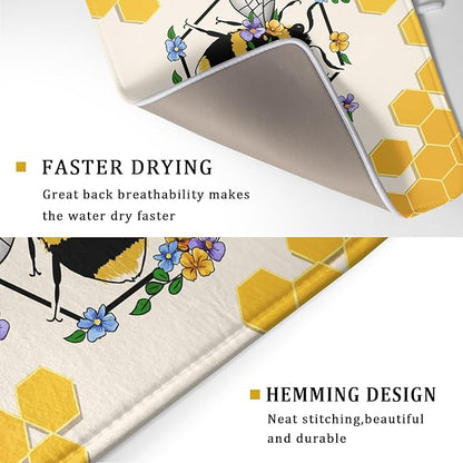 Giwawa Bee Kind Dish Drying Mat, Summer Bees Flowers Dish Drainer Mats for Kitchen Countertop, Yellow Honeycomb Absorbent Reversible Dish Drying Pad Decoration, 18x24inches, Large Size
