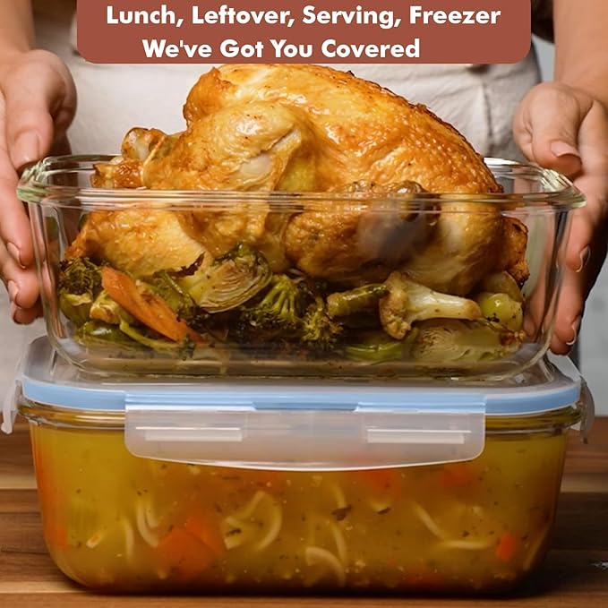 Razab 4 PC 1860ml / 63 Oz / 8 Cups Large Glass Food Storage Containers with Lids - Glass Meal Prep Containers for Roasting & Storing Leftover, Lunch Container with Lids, Microwave & Oven Safe - Image 2