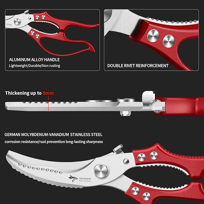 MAD SHARK Professional Heavy Duty Poultry Shears - Kitchen Shears for Spatchcocking Chicken and Meat Cutting, Multi-Purpose Kitchen Scissors for Food, Spring-loaded (Red) - Image 6