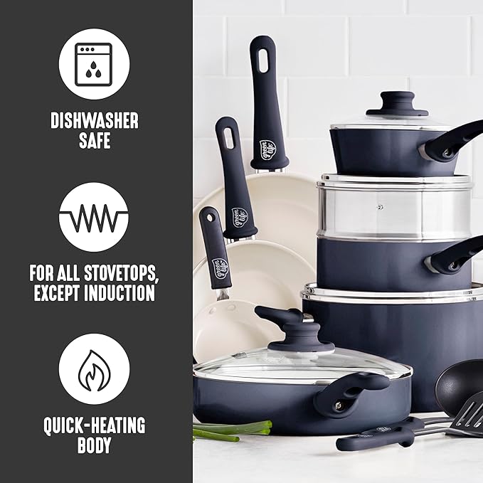 GreenLife 16 Piece Nonstick Cookware Set, Soft Grip Non-Toxic PFAS-Free Ceramic Pots & Pans, Dishwasher & Oven Safe, Frying, Sauce, Utensils, Glass Lids, Stay-Cool Handles, Wobble Free, Black & Cream - Image 5