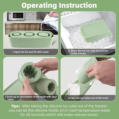Tcamp Ice Cube Tray for 30 oz Tumbler Cup Ice Mold, 3 Pcs Silicone Hollow Cylinder Ice Tray with Lid and Bin for Freezer, Ice Drink, Juice, Whiskey, Cocktail (Green)