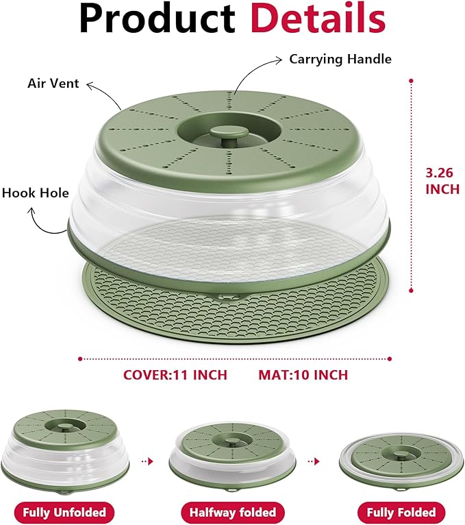 WVM Microwave Splatter Cover & Mat, Vented Collapsible Splatter Guard dish Plate lid & Silicone Round Kitchen Mat for Food, Meal Prep - Image 6