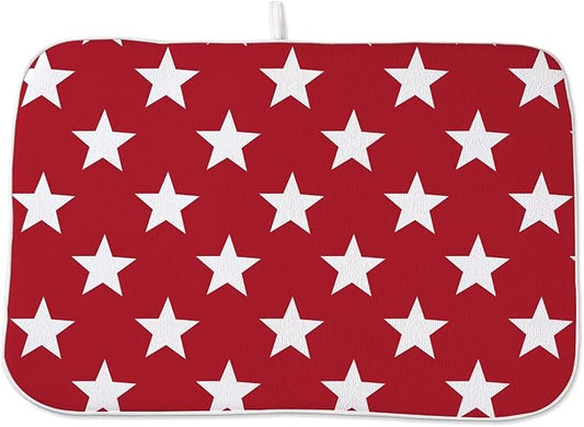 4th of July Dish Drying Mat 18 x 24 inch Independence Day Red Stars Decorative Drying Mats Microfiber Absorbent Holiday Patriotic Dish Washable Draining Mat for Kitchen Counter Decor
