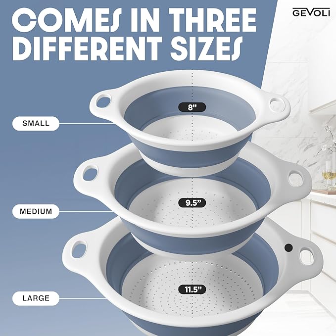 Gevoli Collapsible Colanders (3 Pack Set) Food Strainers with Over-Sink Water Draining Base for Pasta Fruits and Vegetables, White/Blue (3 Sizes, 3QT, 4QT and 5 Quart) - Image 5