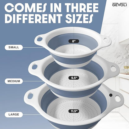 Gevoli Collapsible Colanders (3 Pack Set) Food Strainers with Over-Sink Water Draining Base for Pasta Fruits and Vegetables, White/Blue (3 Sizes, 3QT, 4QT and 5 Quart) - Image 5