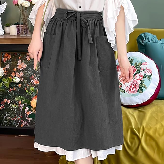 Cotton Linen Half Apron for Women Vintage Waist Apron Ruffle Plain Bright Color for Cooking Painting Artwork