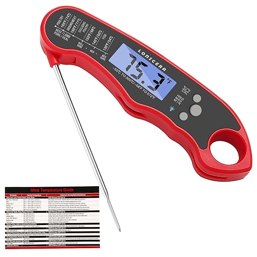 Lonicera Meat Thermometer Digital for Cooking Food. Waterproof & Instant Read for Kitchen Baking, BBQ. with Foldable Probe, Backlight & Calibration (Red) by LONICERA