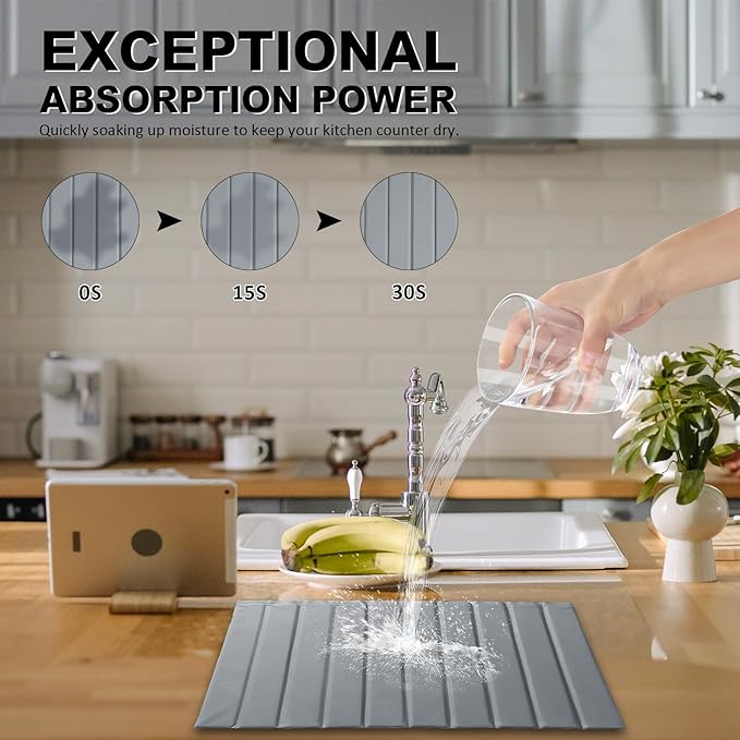 Large Stone Dish Drying Mat for Kitchen Counter 24x16 Inch - Super Absorbent Quick Dry Diatomaceous Earth with PU Leather, Foldable Space Saving Stone Bath Mats for bathroom - Image 3