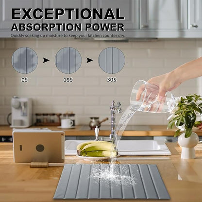 Large Stone Dish Drying Mat for Kitchen Counter 24x16 Inch - Super Absorbent Quick Dry Diatomaceous Earth with PU Leather, Foldable Space Saving Stone Bath Mats for bathroom - Image 3