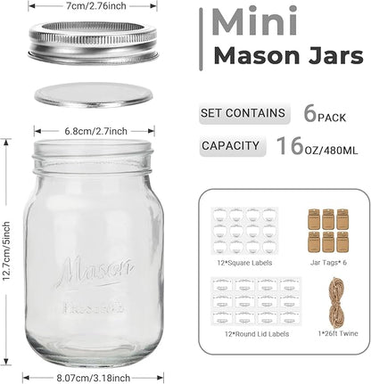 Eathtek 16 oz Glass Mason Jars with Regular Lids, 6 Pack 500 ml Canning Jars With Labels, Tags & Twine for Jam Jelly Spice Honey Herbs, Shower Favors Food Storage Wedding & Party Decor