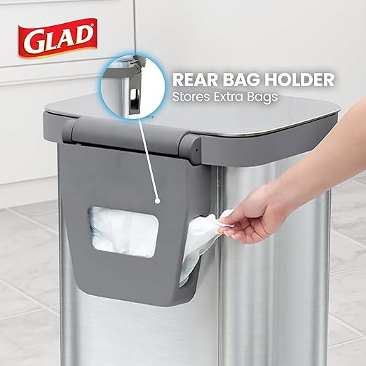 Glad Stainless Steel Step Trash Can, Series 2 with Clorox Protection - Large Metal Kitchen Garbage Bin with Soft Close Lid, Foot Pedal and Waste Bag Roll Holder, 13 Gallon - Image 5