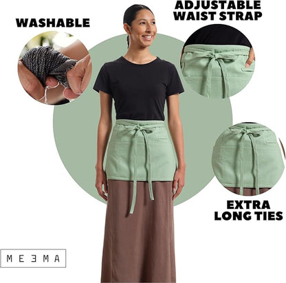 MEEMA Chef Waist Apron Cotton Fabric |Washable & Breathable Waitress & Server Half Aprons for Women with Pockets & Long Waist Straps | Cooking, Baking, Grilling & Crafting