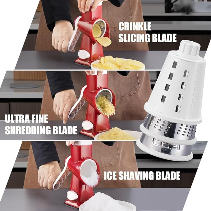 KEOUKE Rotary Cheese Grater Pro 6 in 1 - Shredder Crinkle Slicer Grinder Ice Shaver, Stable Suction, Time-saving Easy Use & Clean, Safe Morden Kitchen Tool for Cheese, Vegetable, Nuts, Chocolate - Image 2