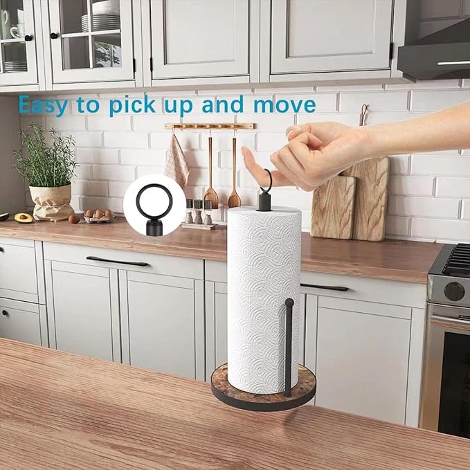 OROPY Paper Towel Holder Countertop with Heavy Duty Wood Base, Farmhouse Paper Towel Roll Stand for Kitchen Counter fits Standard and Jumbo Size Paper Towels (Brown - Easy to Tear) - Image 3