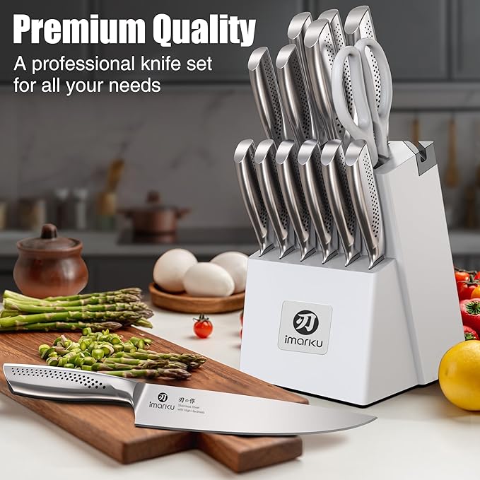 imarku® Knife Set, Japanese HC Stainless Steel 15 PCS Kitchen Knife Set With Block With Built-in Sharpener, Razor-Sharp Blade Knife Block Set With Dotted Ergomomic Handle, Best Birthday Gifts, White - Image 7