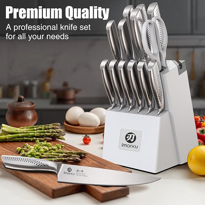 imarku® Knife Set, Japanese HC Stainless Steel 15 PCS Kitchen Knife Set With Block With Built-in Sharpener, Razor-Sharp Blade Knife Block Set With Dotted Ergomomic Handle, Best Birthday Gifts, White - Image 7