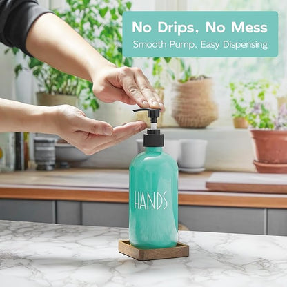 Turquoise Glass Hand Soap Dispenser with Acacia Wood Tray, 16 oz Refillable Hand Soap Pump Bottle, Decorative Teal Countertop Soap Dispenser Set for Kitchen, Bathroom, Restaurant - Image 3