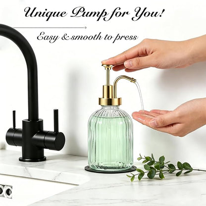 SheeChung Clear Glass Soap Dispenser, 12 Oz Liquid Hand Soap Dispenser with Pump, Refillable Lotion Dish Soap Dispenser for Kitchen, Stripes Shampoo Bottle, Bathroom Countertop (Gold Pump, 2 Pack)