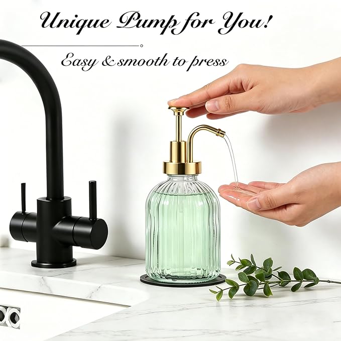 SheeChung Clear Glass Soap Dispenser, 12 Oz Liquid Hand Soap Dispenser with Pump, Refillable Lotion Dish Soap Dispenser for Kitchen, Stripes Shampoo Bottle, Bathroom Countertop (Gold Pump, 1 Pack)