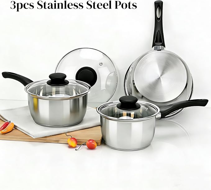 3pcs Stainless Steel Saucepan Set, Kitchen 1QT & 2QT & 3QT Pot Set with Lid Triply Base Sauce Pot for Cooking Stainless Steel Cookware Set - Image 7