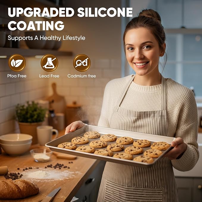Sakerplus Nonstick Baking Sheet Pan Set of 3, Heavy Duty Cookie Sheets for Oven with Stripe Texture Pattern, 0.6mm Thick Quarter/Half/Jelly Roll Pans, Rust-Resistant & Easy Clean (Champagne Gold) - Image 6