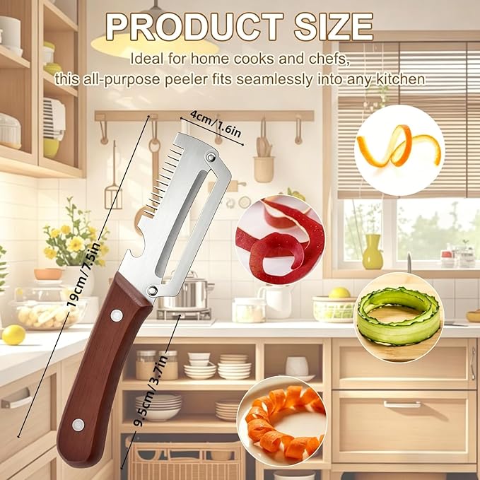 2PCS Multifunctional Vegetable Peeler, Upgrade 3-in-1 Wooden Handle Peelers with Bottle Opener, Premium Stainless Steel Peeler, Fruit Knife for Welsh Onion, Potato, Carrot, Apple, Pumpkin with a Brush - Image 6