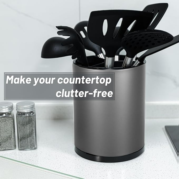 Kitchen Utensil Holder for Countertop 360° Rotating Utensil Caddy Extra Large Utensil Crock Cooking Utensil Holder for Kitchen Counter (Dark Grey) - Image 8