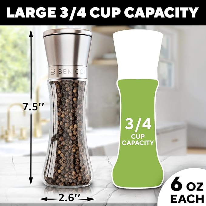 Premium Salt and Pepper Grinder Set of 2 - Two Refillable Stainless Steel Sea Salt & Spice Shakers with Adjustable Coarse Mills - Easy Clean Ceramic Grinders w/BONUS Silicone Funnel & Cleaning Brush - Image 4