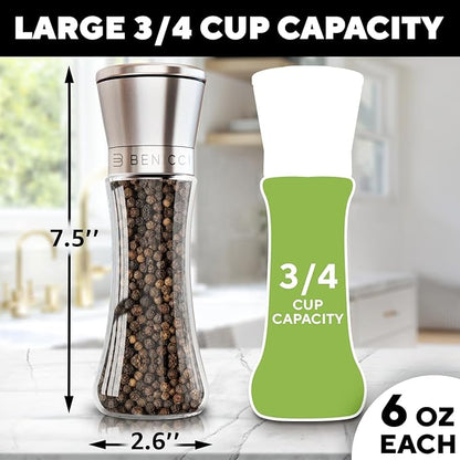 Premium Salt and Pepper Grinder Set of 2 - Two Refillable Stainless Steel Sea Salt & Spice Shakers with Adjustable Coarse Mills - Easy Clean Ceramic Grinders w/BONUS Silicone Funnel & Cleaning Brush - Image 4