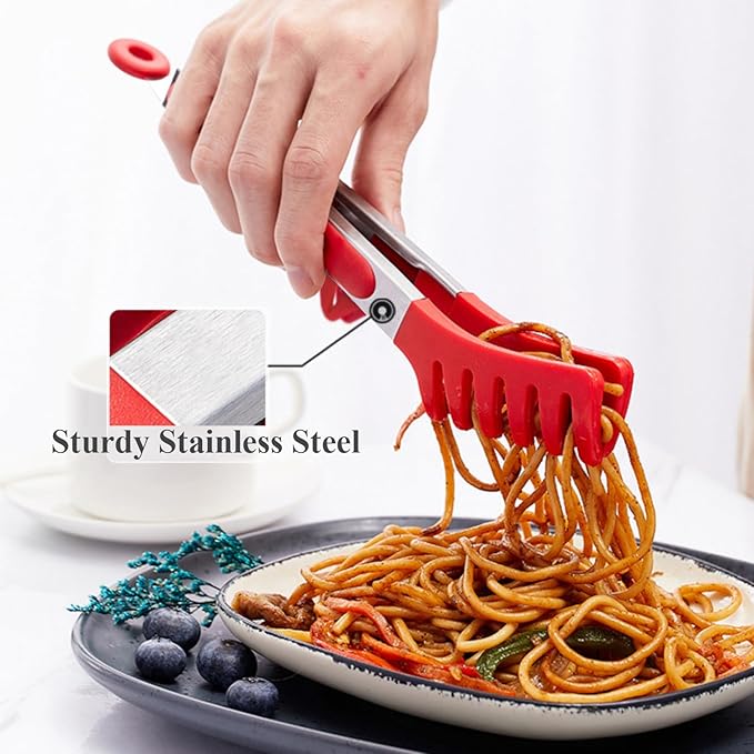 Kitchen Tongs, 9 Inch Tongs for Cooking with Silicone Tips, Food Grade Mini Serving Tong for Nonstick Pans, BBQ, Salad, Set of 3, Red - Image 6