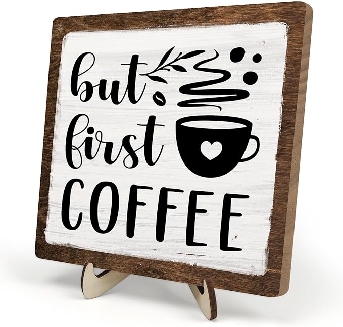 Vintage Coffee Bar Wooden Plaque Desk Sign, Farmhouse Wood Plaque Tabletop Decor for Cafe Bar Kitchen Office,Coffee Station Accessories 5.9x5.9Inch (White&Brown4, 5.9x5.9inches) by DMADNF