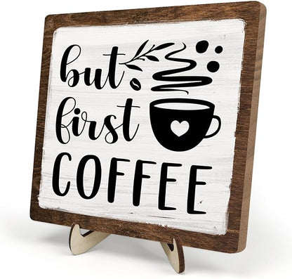 Vintage Coffee Bar Wooden Plaque Desk Sign, Farmhouse Wood Plaque Tabletop Decor for Cafe Bar Kitchen Office,Coffee Station Accessories 5.9x5.9Inch (White&Brown4, 5.9x5.9inches) by DMADNF
