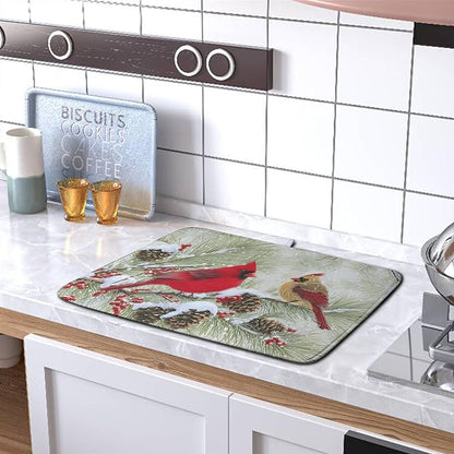 Winter Dish Drying Mat for Kitchen Counter 18x24 Inch Christmas Red Birds Drying Mats Xmas Holiday Microfiber Absorbent Dishes Drainer Mats Cardinal Dish Rack Pad - Image 5