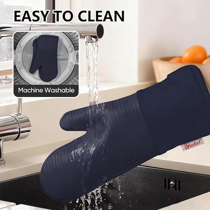 YUTAT Silicone Oven Mitts,High Heat Resistant Up to 500 Degrees,Waterproof Cooking Gloves with Soft Polyester Filling,Kitchen Potholder Set - Perfect for BBQ,Baking and Cooking,DKBlue,2 Pcs Set - Image 6