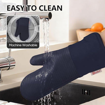 YUTAT Silicone Oven Mitts,High Heat Resistant Up to 500 Degrees,Waterproof Cooking Gloves with Soft Polyester Filling,Kitchen Potholder Set - Perfect for BBQ,Baking and Cooking,DKBlue,2 Pcs Set - Image 6