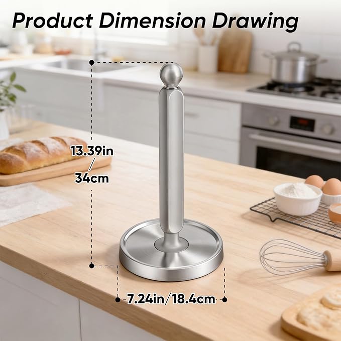 theaoo Paper Towel Holder Countertop, One-Handed Tear Paper Towel Stand Dispenser with Damping Function for Kitchen Bathroom, Stainless Steel Paper Towel Holder with Weighted Non-slip Base (1, Silver) - Image 7