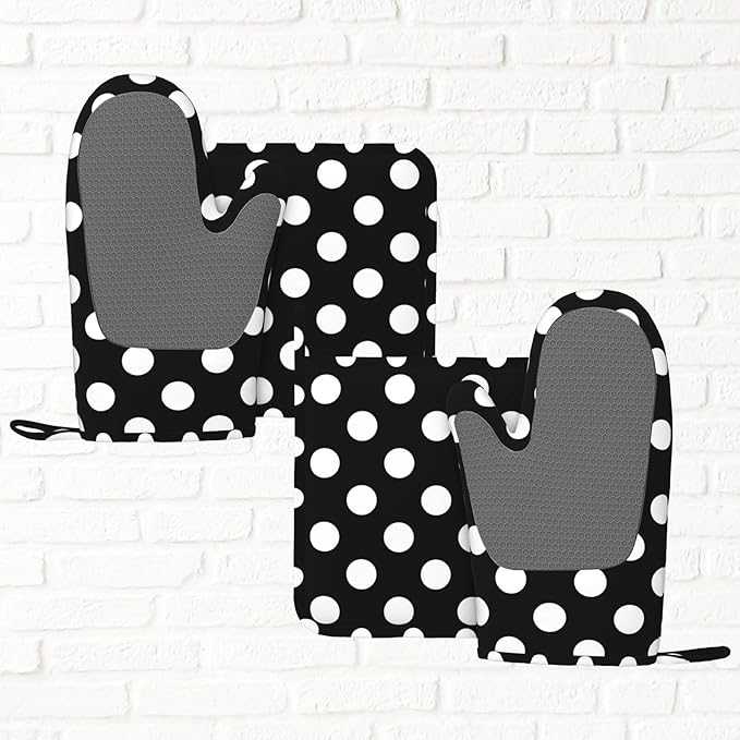 Black White Retro Polka Dot Oven Mitts and Pot Holders Sets of 4, Heat Resistant Silicone Oven Mittens and Potholders Gloves Hot Pads for Kitchen Cooking Baking Grilling BBQ Chef - Image 6