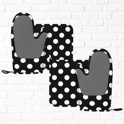 Black White Retro Polka Dot Oven Mitts and Pot Holders Sets of 4, Heat Resistant Silicone Oven Mittens and Potholders Gloves Hot Pads for Kitchen Cooking Baking Grilling BBQ Chef - Image 6