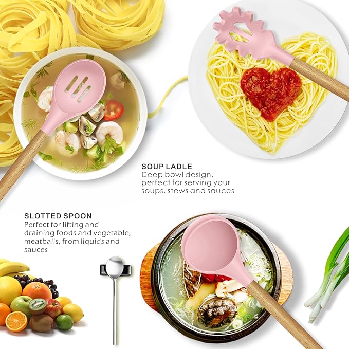Silicone Kitchen Utensils Set - 446°F Heat Resistant Cooking Utensil Sets, Spatula,Turner,Tongs,Spoon,Brush,Whisk, Wooden Handle Silicone Kitchen Gadgets Tools for Non-Stick Cookware BPA Free (Pink) - Image 2