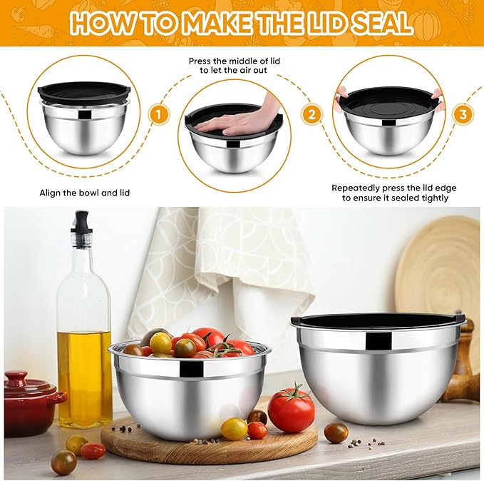 TeamFar Mixing Bowl Set of 5, 4.5/3/1.5/1/0.7 QT, Stainless Steel Metal Nesting Salad Bowl with Lid Set, Ideal for Mixing Serving, Non-Toxic & Sturdy, Airtight Lid & Easy Clean, Black - Image 6