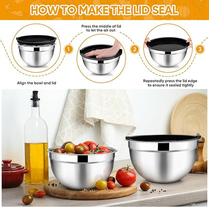 TeamFar Mixing Bowl Set of 5, 4.5/3/1.5/1/0.7 QT, Stainless Steel Metal Nesting Salad Bowl with Lid Set, Ideal for Mixing Serving, Non-Toxic & Sturdy, Airtight Lid & Easy Clean, Black - Image 6