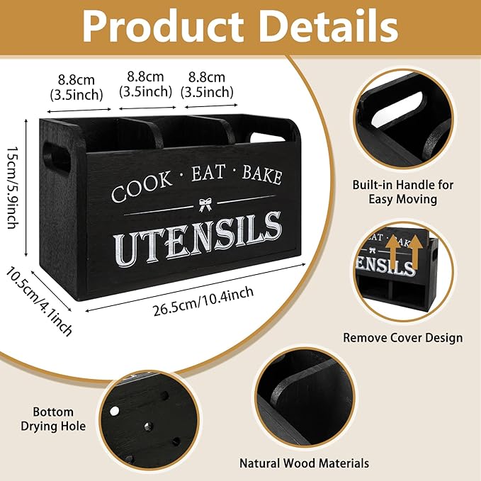 Farmhouse Cooking Utensils Organizer - Kitchen Utensil Holder Black Rustic Solid Wood Countertop Utensil Holder, 3 Compartment Spoon Holder for Kitchen Decor - Image 3
