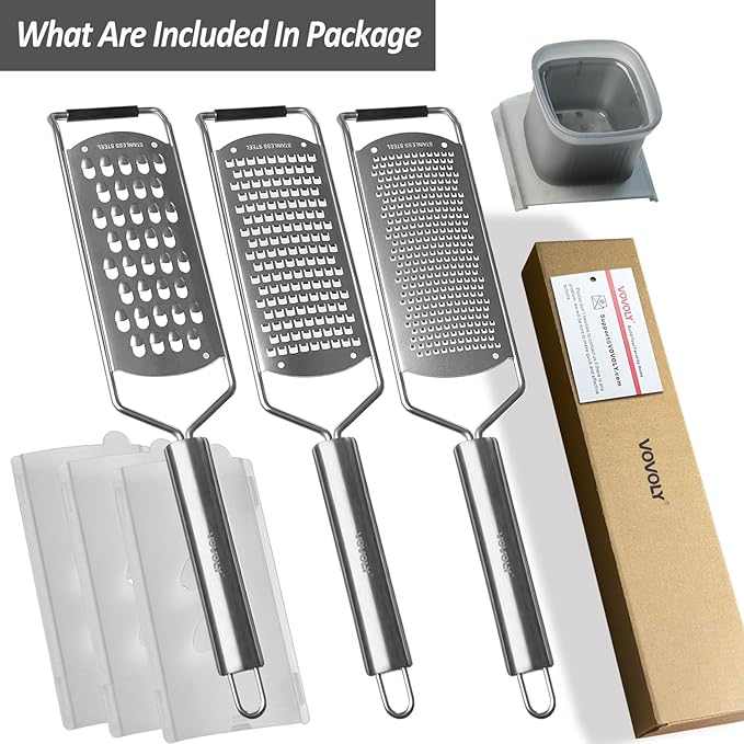 Vovoly 4-Pcs Pro Set Zester Grater Set, Cheese Grater with Razor-Sharp Stainless Steel Blade, Fine/Coarse/Extra Coarse/Slider Attachment - Image 9
