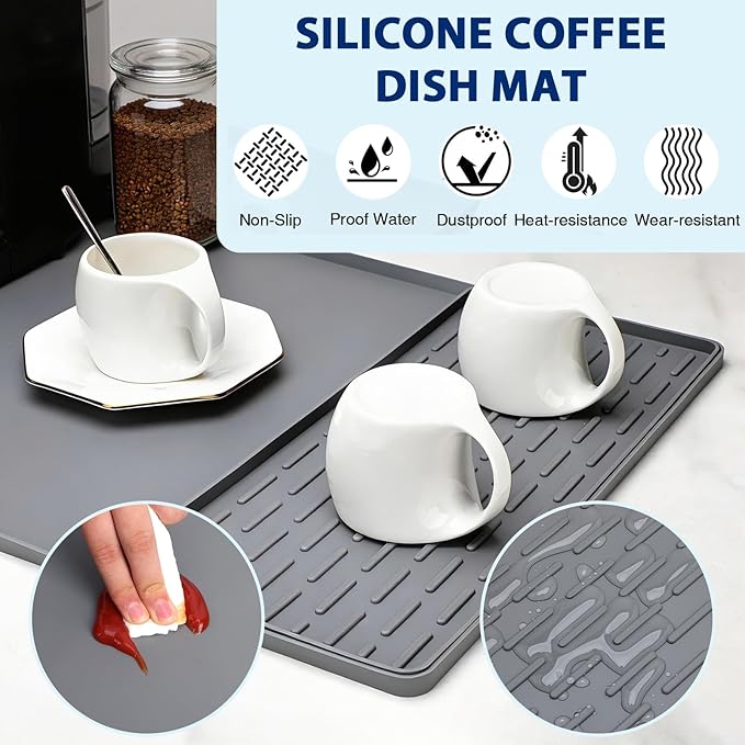 Silicone Coffee Mat 24" x 16", Heat Resistant Non Slip Leak Proof with Concave Convex Design & Detachable Drying Layer, Coffee Bar Mat for Espresso Machine, Coffee Maker Countertops (Gray) - Image 4
