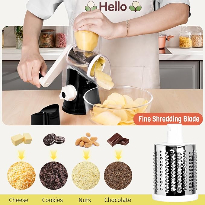 X Home Rotary Cheese Grater for Kitchen, Shredder with 3 Interchangeable Blades, Rotary Grater with Handle and Strong Suction Base, for Vegetables, Fruit, Nuts, Easy to Use and Clean, Black - Image 5
