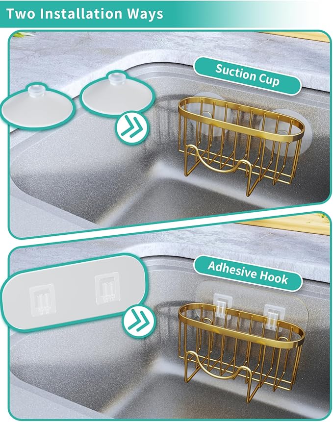 HapiRm Multifunctional Sponge Holder - 2 Installation Methods Sink Caddy with Unique M-shaped, Stainless Steel Kitchen Sink Organizer for Sponge, Brush, Stopper and Scraper - Gold - Image 3