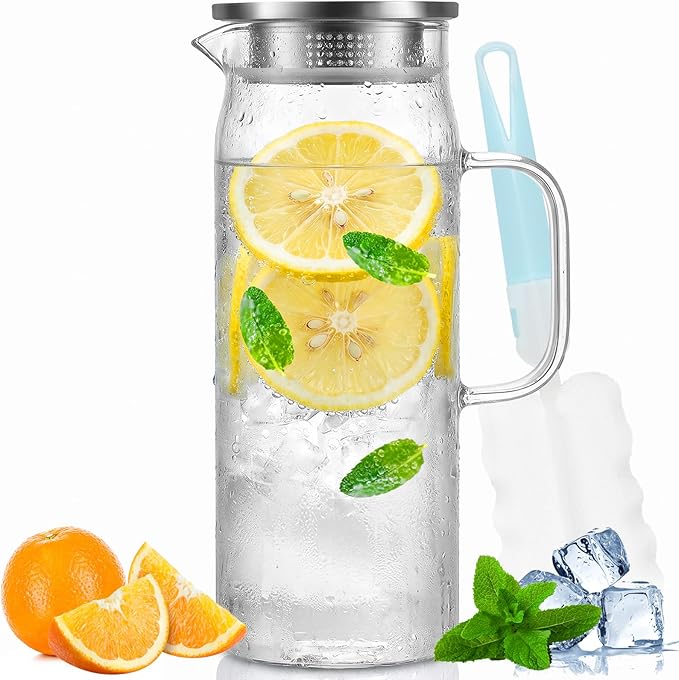 Yirilan Glass Pitcher, 1.5liter Glass Pitcher With Lid, Carafes and Pitchers, Iced Tea Pitcher, Water Carafe With Handle, Heat Resistant Borosilicate Glass Jug, Beverage Pitcher, Tea Jug With Brush by Yirilan