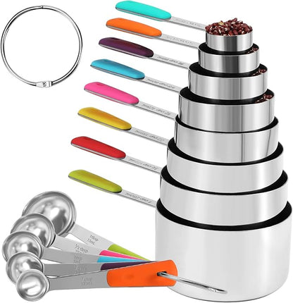 Bopei 13-Piece Measuring Cups and Spoons Set Stainless Steel for Cooking & Baking (8 Cups +5 Spoons, Colorful） by Bopei