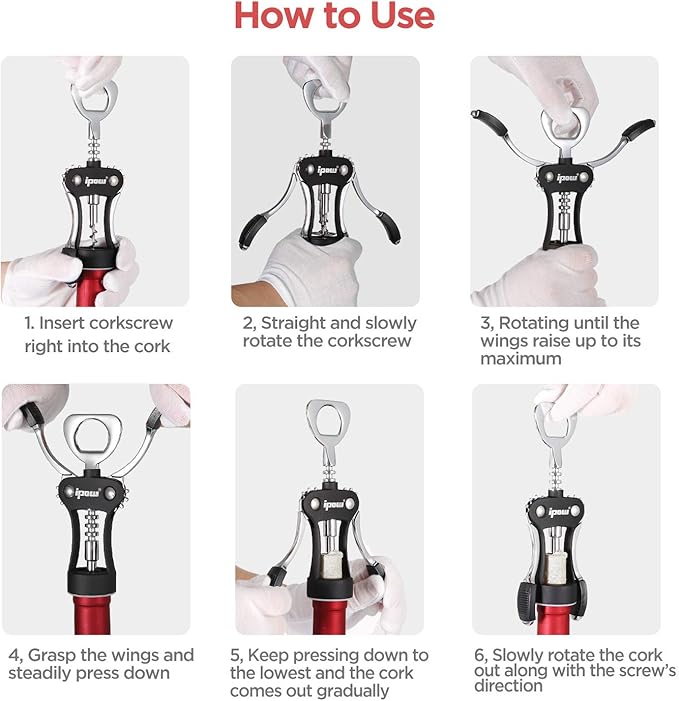 IPOW Wine Opener, Zinc Alloy Wine Bottle Opener, Wing Corkscrew Heavy Duty, Manual Multifunctional Cork Screw for Waiter, Black - Image 7
